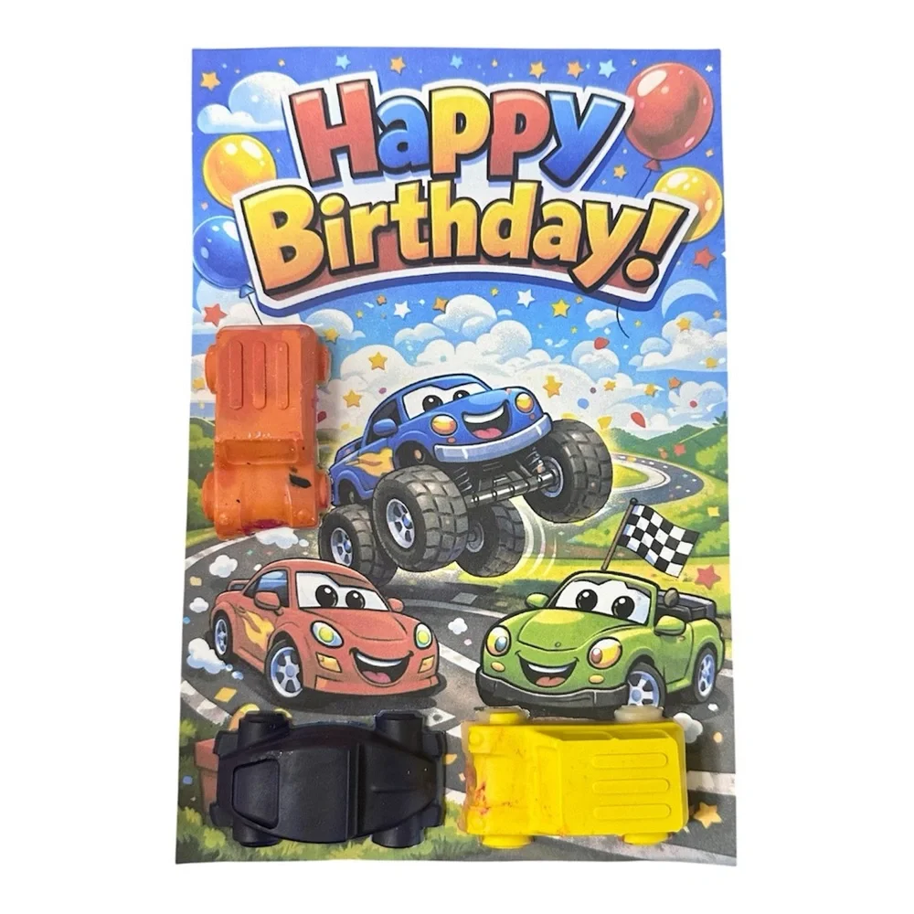 Handmade Blue Car Themed Crayon Birthday Card NEW